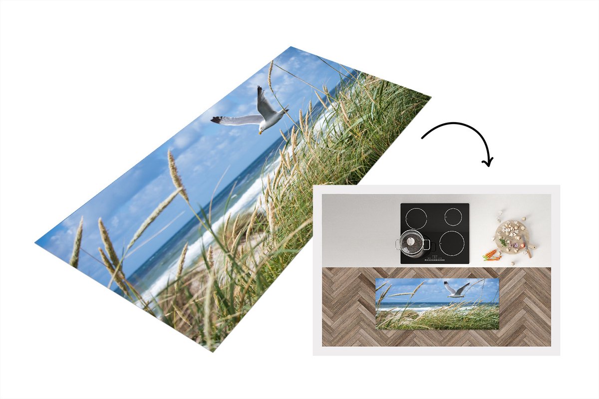 KitchenYeah Keukenloper - Loper keuken - Strand - Riet - Vogel - 120x50 cm - Keukenloper vinyl Multicolor
