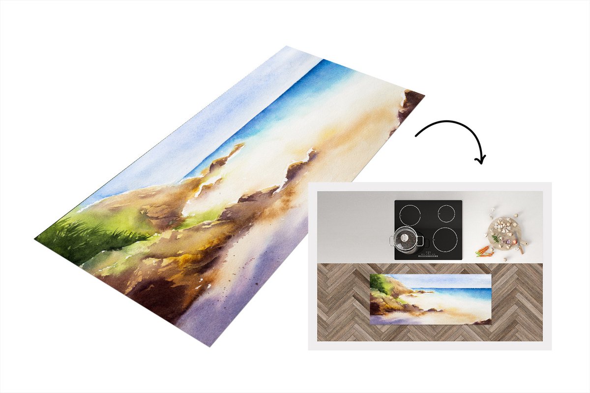 KitchenYeah Keukenloper - Loper keuken - Zee - Berg - Waterverf - 120x50 cm - Keukenloper vinyl Multicolor