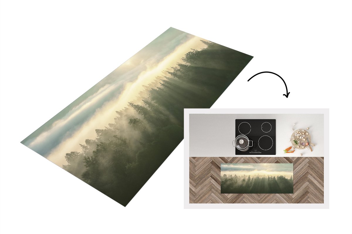 KitchenYeah Keukenloper - Loper keuken - Bos - Mist - Zon - 120x50 cm - Keukenloper vinyl Multicolor