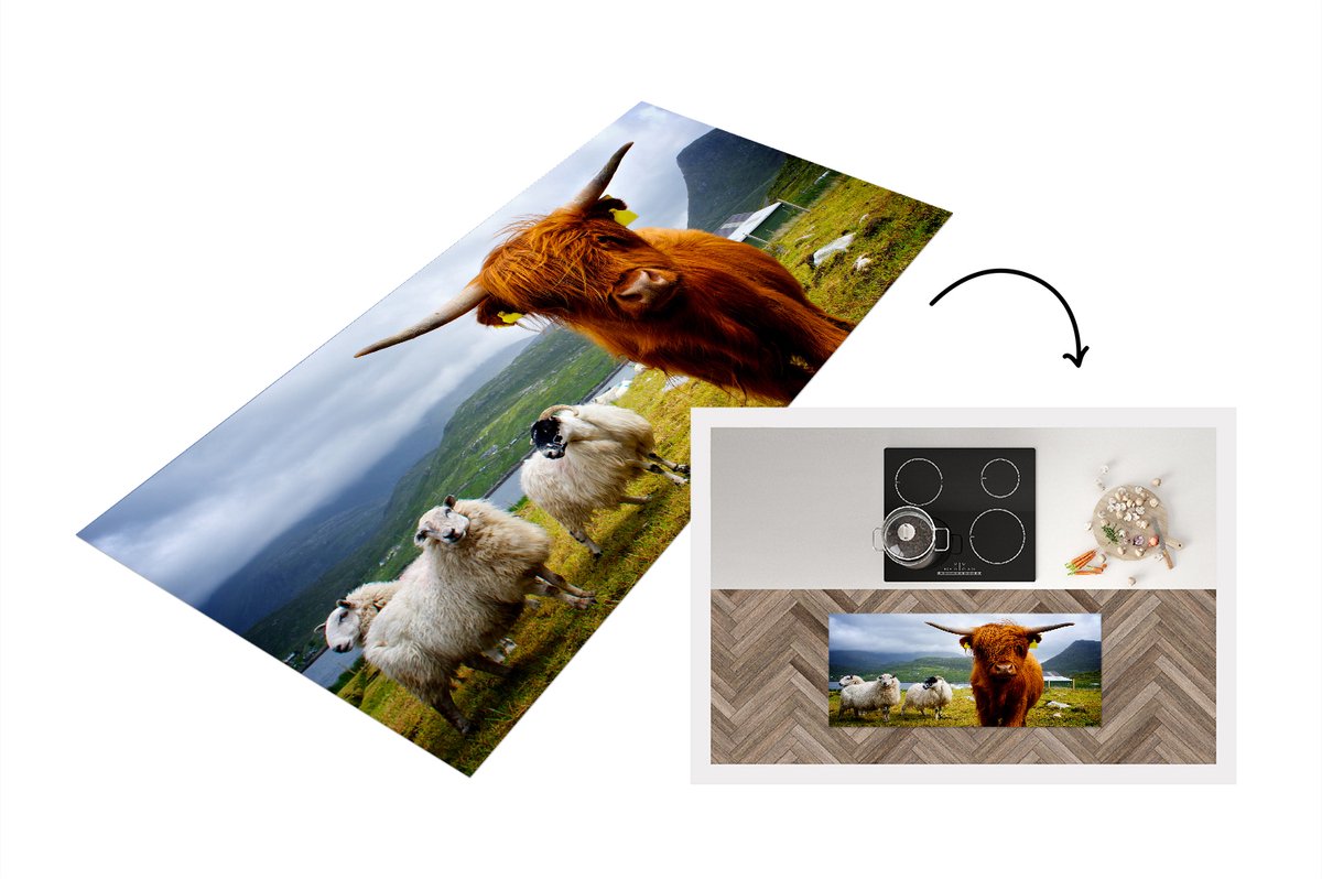 KitchenYeah Keukenloper - Loper keuken - Schotse hooglander - Licht - Schapen - 120x50 cm - Keukenloper vinyl Multicolor