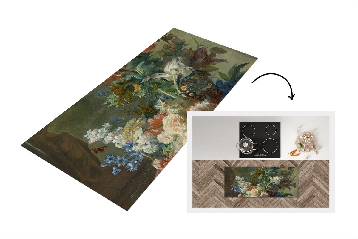 KitchenYeah Keukenloper - Loper keuken - Stilleven met bloemen - Schilderij van Jan van Huysum - 120x50 cm - Keukenloper vinyl Multicolor