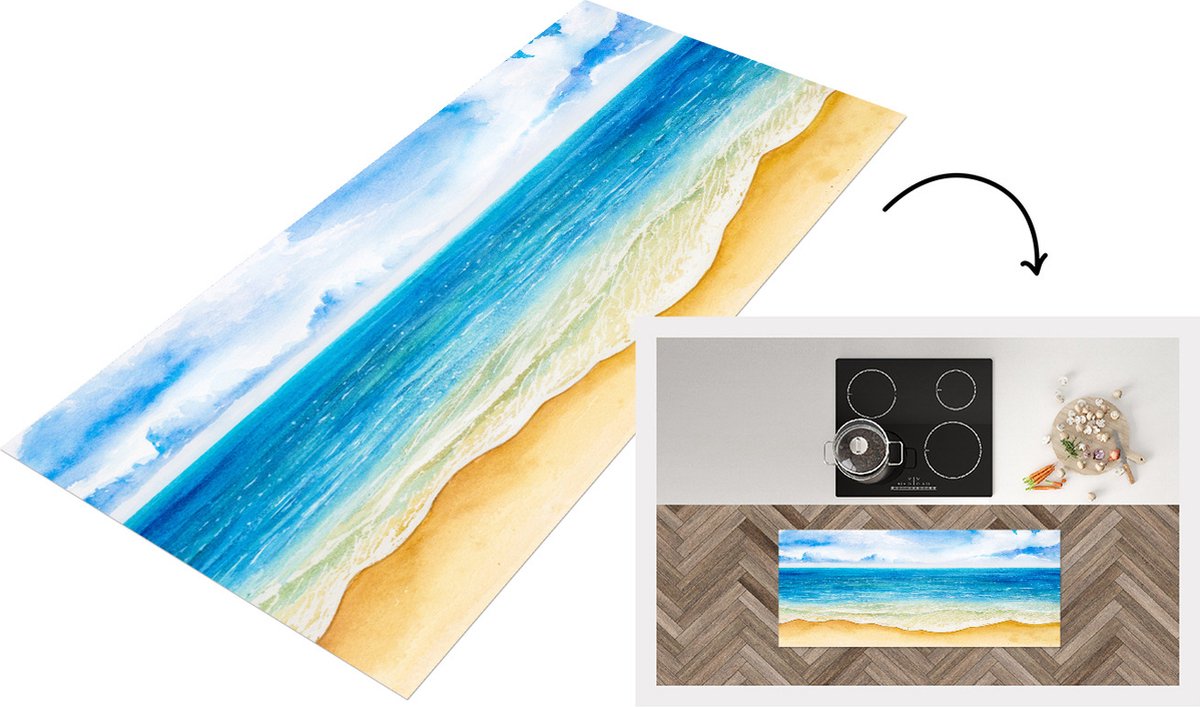 KitchenYeah Keukenloper - Loper keuken - Strand - Zee - Waterverf - 120x50 cm - Keukenloper vinyl Multicolor