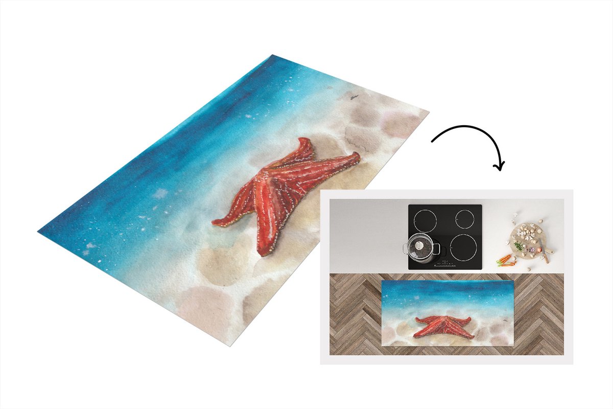 KitchenYeah Keukenloper - Loper keuken - Zeester - Waterverf - Zee - 120x60 cm - Keukenloper vinyl Multicolor