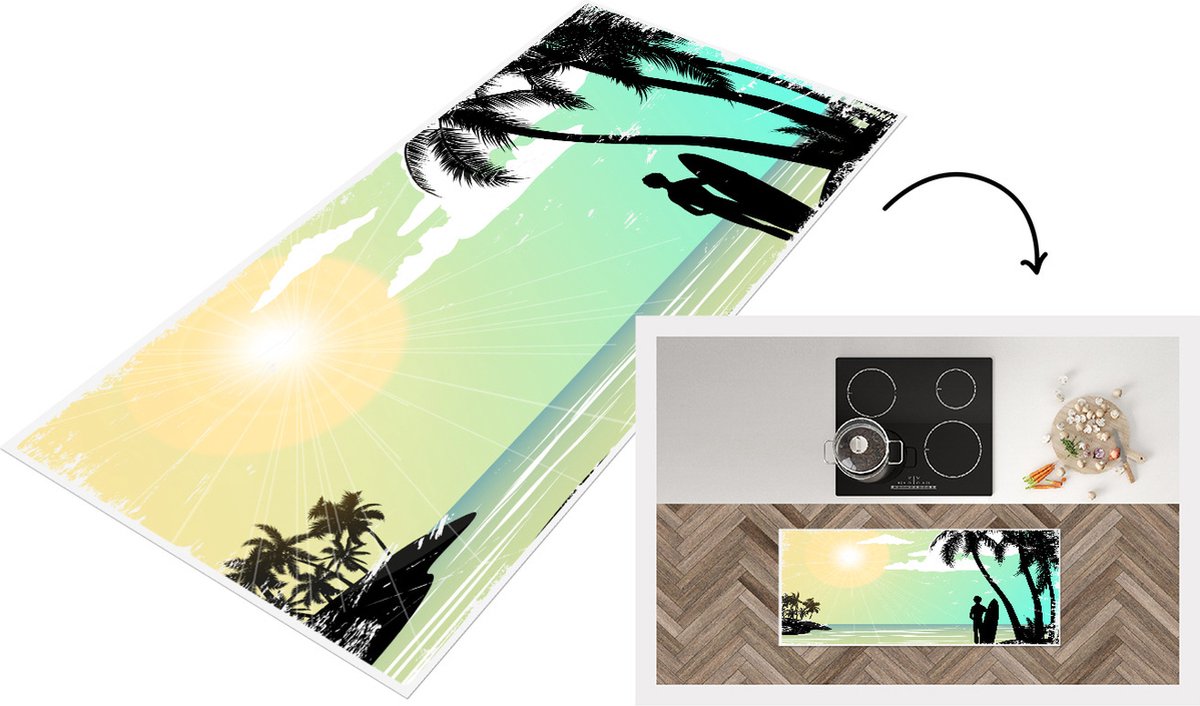 KitchenYeah Keukenloper - Loper keuken - Zon - Zee - Surfen - 120x50 cm - Keukenloper vinyl Multicolor