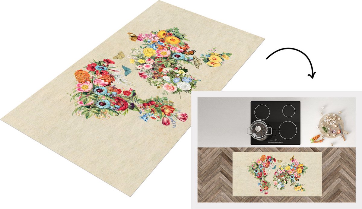 KitchenYeah Keukenloper - Loper keuken - Kaart - Bloemen - Vintage papier - 120x60 cm - Keukenloper vinyl Multicolor