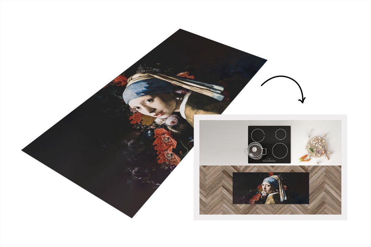 KitchenYeah Keukenloper - Loper keuken - Meisje met de parel - Johannes Vermeer - Bloemen - 120x50 cm - Keukenloper vinyl Multicolor
