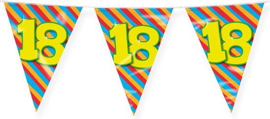 Vlaggenlijn 18 jaar - Vlaggetjes - Verjaardag - Sweet 16 - Versiering - Decoratie - Jongens - Meisjes - Folie - geel - blauw - rood