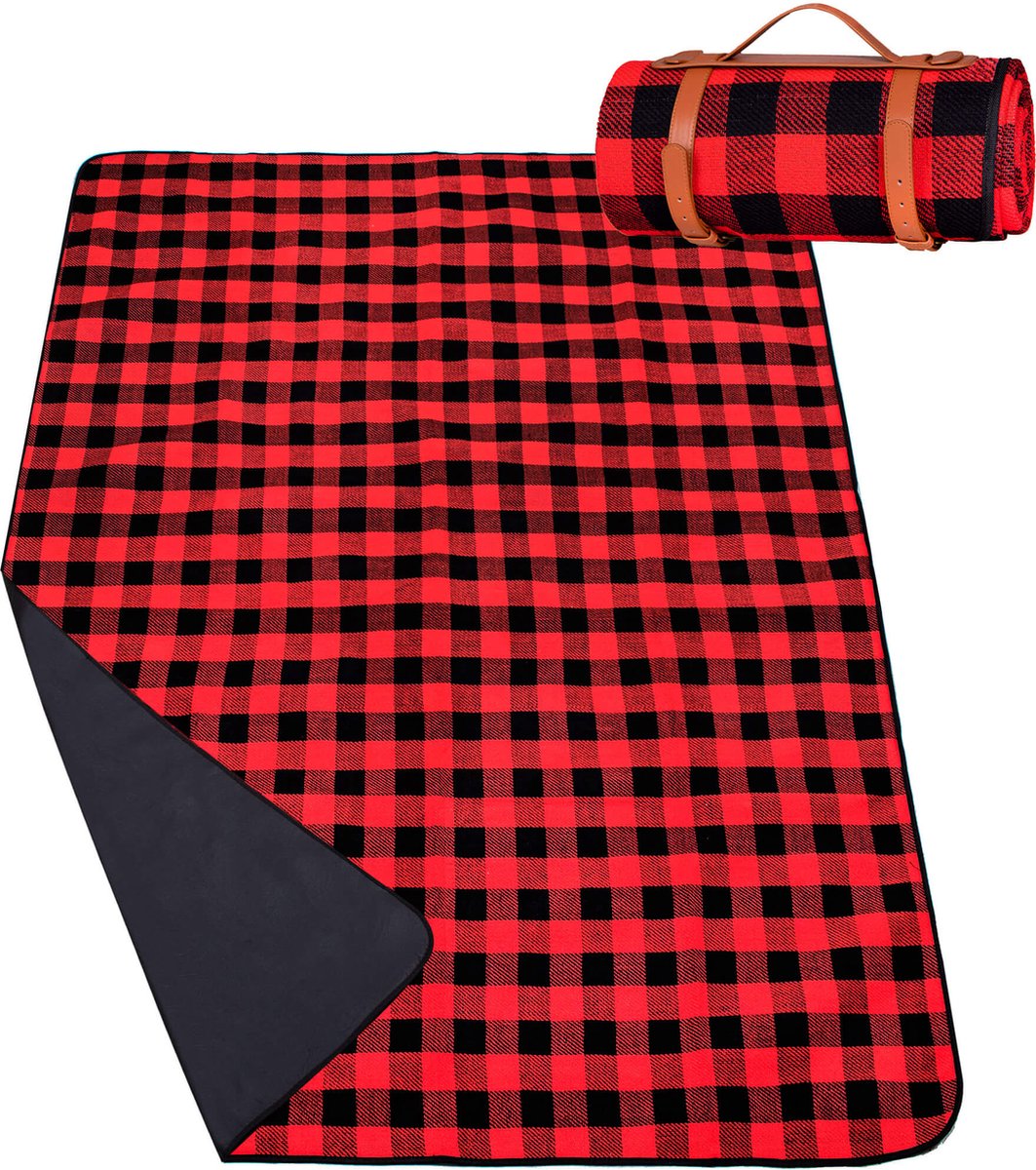 Novimark Couverture Pique-Nique Camping 200x200 Cm Rouge Blanc - Tapis Imperméable Pliable Avec Poignée