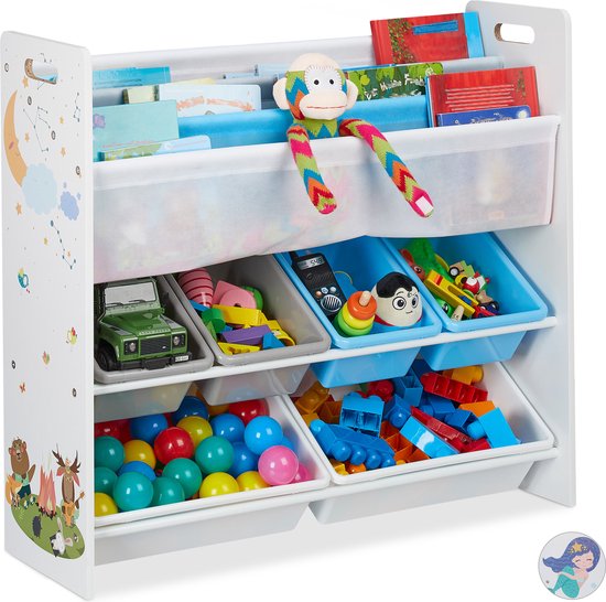 kinderkast - 6 manden - 4 stoffen vakken - kampvuur - 78 x 86 x 26,5 cm - speelgoedkast