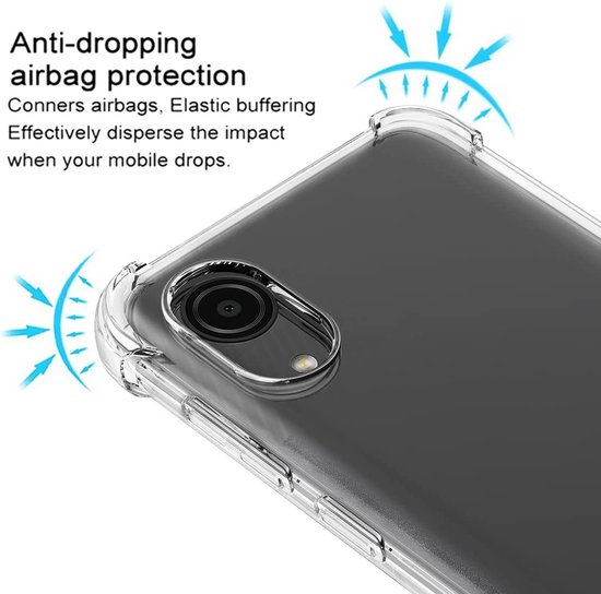 Transparant telefoonhoesje met versterkte hoeken en tekst 'Anti-dropping airbag protection'.