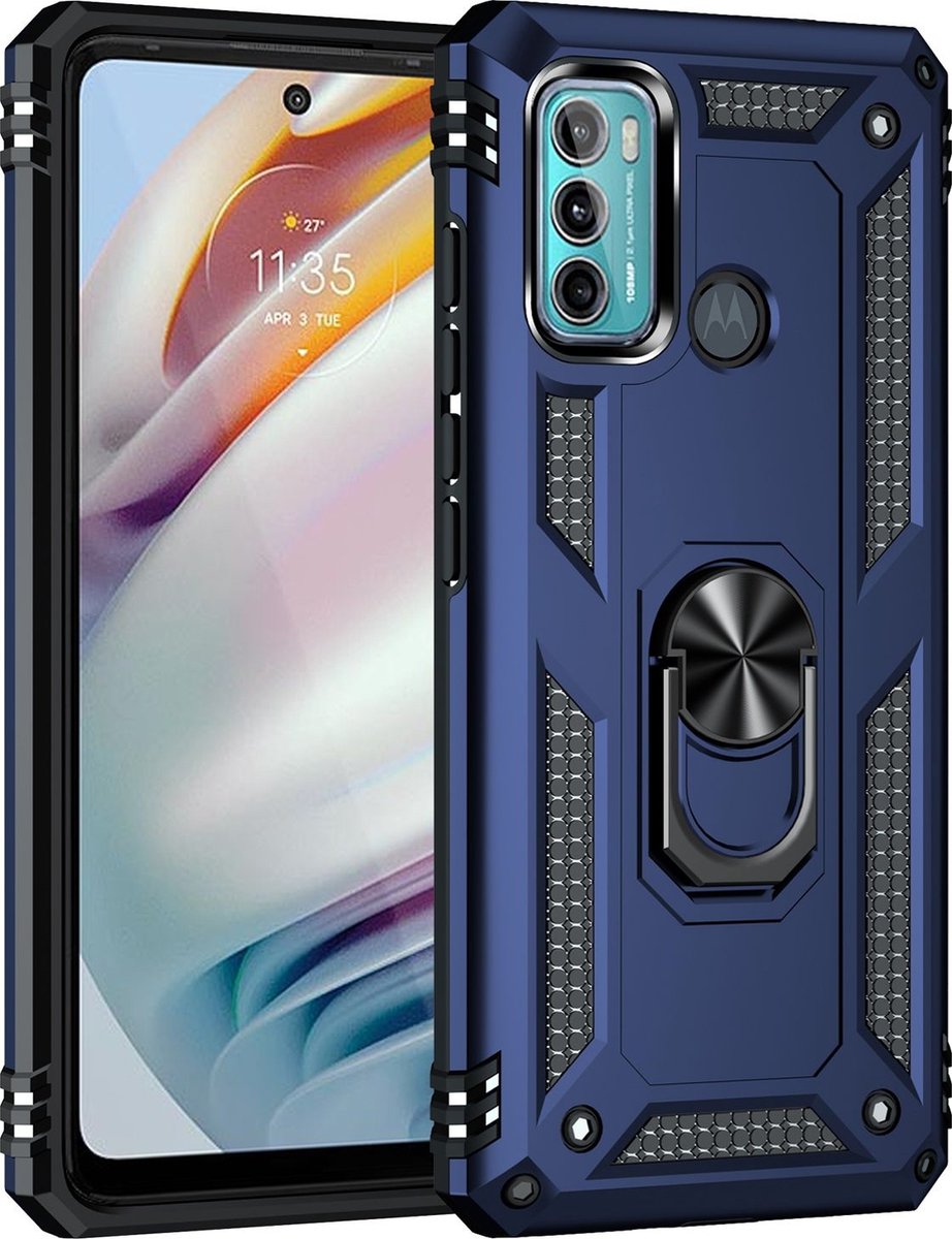 Mobigear Hoesje geschikt voor Motorola Moto G60 Telefoonhoesje Hardcase | Mobigear Armor Ring Backcover Shockproof met Ringhouder | Schokbestendig Moto G60 Telefoonhoesje | Anti Shock Proof - Blauw