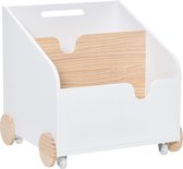 Boekenkast met wielen - speelgoed - boekenrek - boeken - kamer decoratie - opbergbox - opbergkist - wit/hout - 40 x 43 x 43 cm