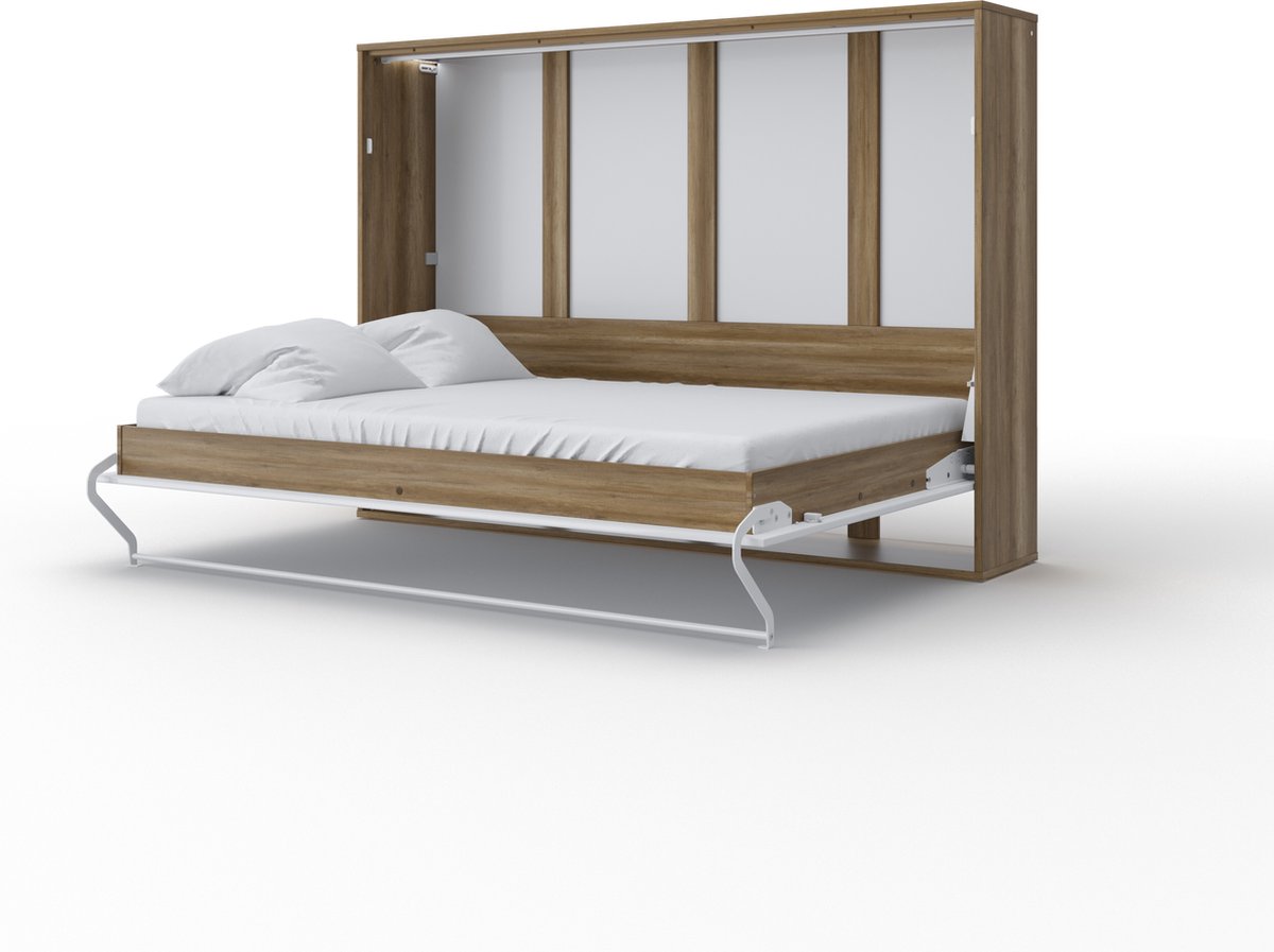 Maxima House - INVENTO 04 Elegance - Horizontaal Vouwbed - Logeerbed - Opklapbed - Bedkast - Country Eiken / Hoogglans Wit - 200x140 cm