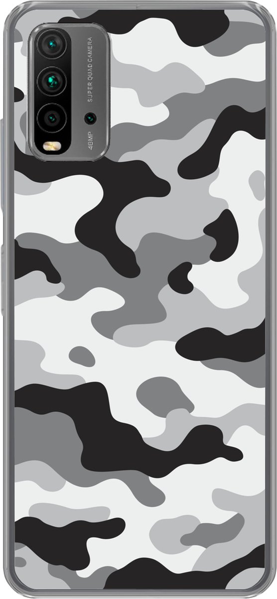 Telefoonhoesje Geschikt voor Xiaomi Geschikt voor Redmi 9T hoesje - Zwart-wit camouflage patroon - Siliconen Telefoonhoesje Telefoonhoesje