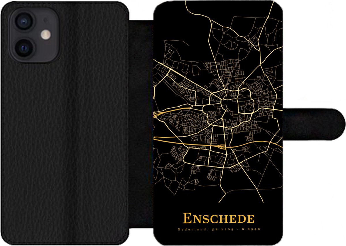 Telefoonhoesje Geschikt voor iPhone 12 telefoonhoesje - Enschede - Stadskaart - Goud - Zwart - Met vakjes - Wallet case met magneetsluiting