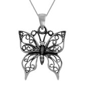 Zilveren ketting vrouw | Zilveren ketting met hanger, rijk bewerkte vlinder