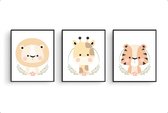 Schilderij  Set 3 Lieve leeuw giraf tijger  – Safari dieren / Jungle / Safari / 40x30cm