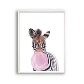 Schilderij  Jungle zebra met roze kauwgom - Jungle dieren / Kauwgombel / 50x40cm