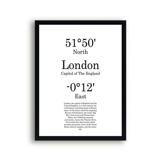 Steden Poster Londen met Graden Positie en Tekst - Muurdecoratie - Minimalistisch - 30x21cm / A4 - PosterCity