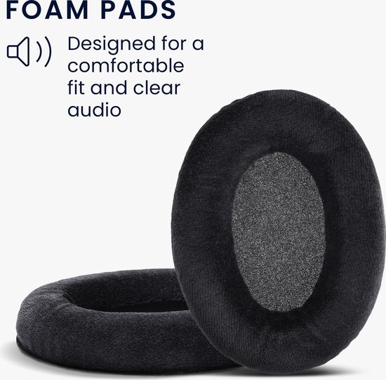 Twee zwarte fluwelen oorkussens voor koptelefoons, ontworpen voor comfort en heldere audio.