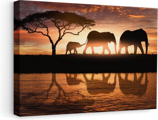 Artaza - Peinture sur toile - Famille d'éléphants dans la savane au coucher du soleil - 60x40 - Photo sur toile - Impression sur toile