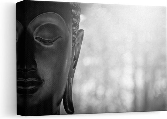 Artaza Canvas Schilderij Boeddha Beeld met Zon - Zwart Wit - 30x20 - Klein - Foto Op Canvas - Canvas Print