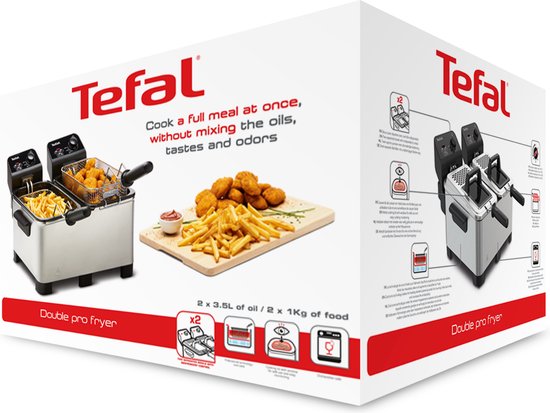 Verpakking van de Tefal Double Pro Fryer met afbeeldingen van de frituurpan en gefrituurde snacks.