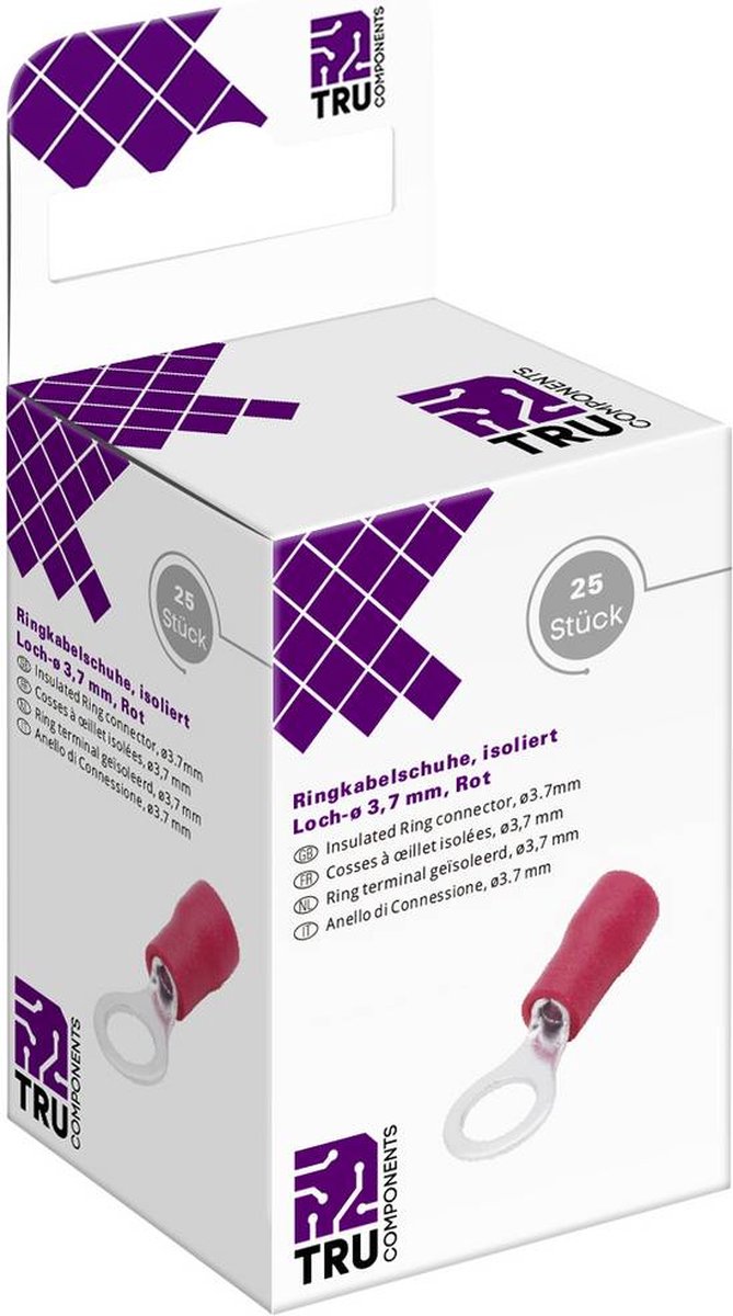 TRU COMPONENTS T2010C283 Ringkabelschoen Dwarsdoorsnede (max.): 1.5 mm² Gat diameter: 3.7 mm Deels geïsoleerd Rood 25 s