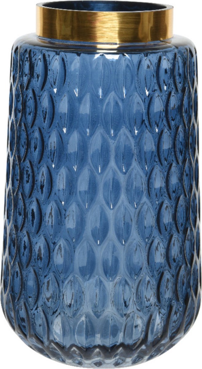 Bloemen vaas blauw transparant/goud van glas 26 cm hoog diameter 15 cm