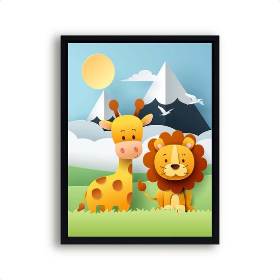 Poster Giraf en leeuw met berg en zonnetje midden - dieren van papier / Jungle / Safari