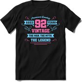 92 Jaar Legend - Feest kado T-Shirt Heren / Dames - Licht Blauw / Licht Roze - Perfect Verjaardag Cadeau Shirt - grappige Spreuken, Zinnen en Teksten. Maat XXL