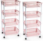 2x stuks opberger/organiser trolley/roltafel met 4 manden 85 cm oud roze - Etagewagentje/karretje met opbergkratten