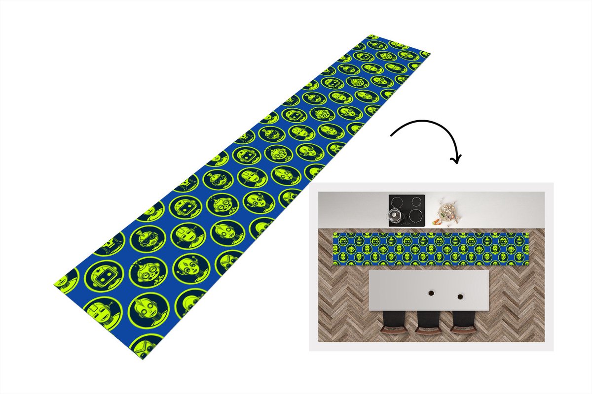 KitchenYeah Keukenloper - Keukenmat - Patronen - Robot - Geel - Blauw - 360x60 cm - Keuken vloerkleed Multicolor