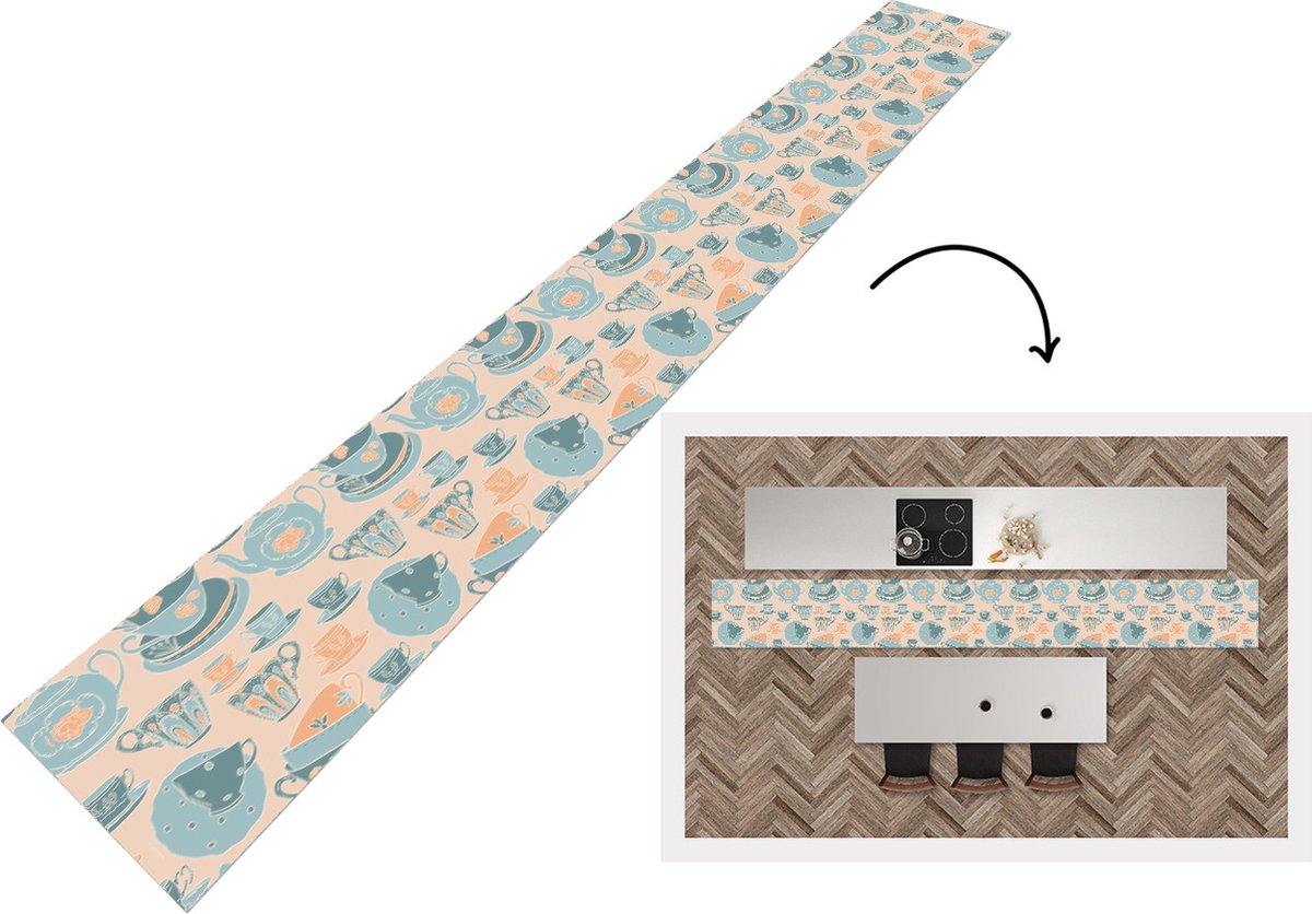 KitchenYeah Keukenloper - Keukenmat - Patronen - Vintage - Kopje - Thee - 480x60 cm - Keuken vloerkleed Multicolor