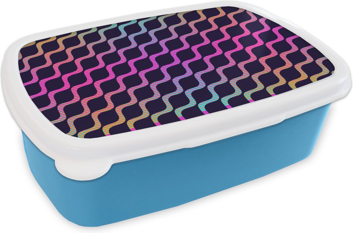 Broodtrommel Blauw - Lunchbox - Brooddoos - Design - Abstract - Neon - 18x12x6 cm - Kinderen - Jongen