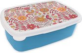 Broodtrommel Blauw - Lunchbox - Brooddoos - Bloemen - Design - Roze - Oranje - 18x12x6 cm - Kinderen - Jongen
