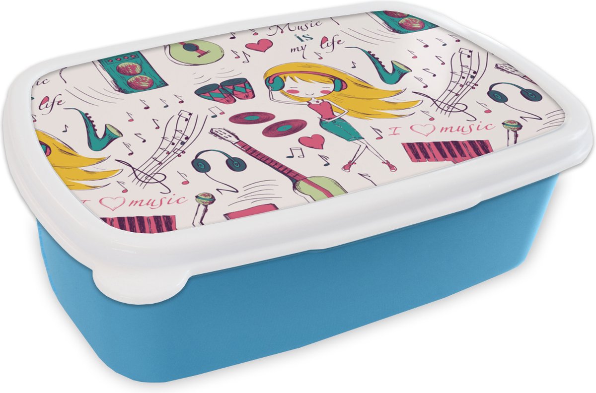 Broodtrommel Blauw - Lunchbox - Brooddoos - Meiden - Muziek - Koptelefoon - Patronen - Girl - Roze - Kinderen - Kind - 18x12x6 cm - Kinderen - Jongen
