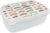 Broodtrommel Wit - Lunchbox - Brooddoos - Patronen - Auto - Retro - Jongens - Kinderen - Kids - Kind - 18x12x6 cm - Volwassenen