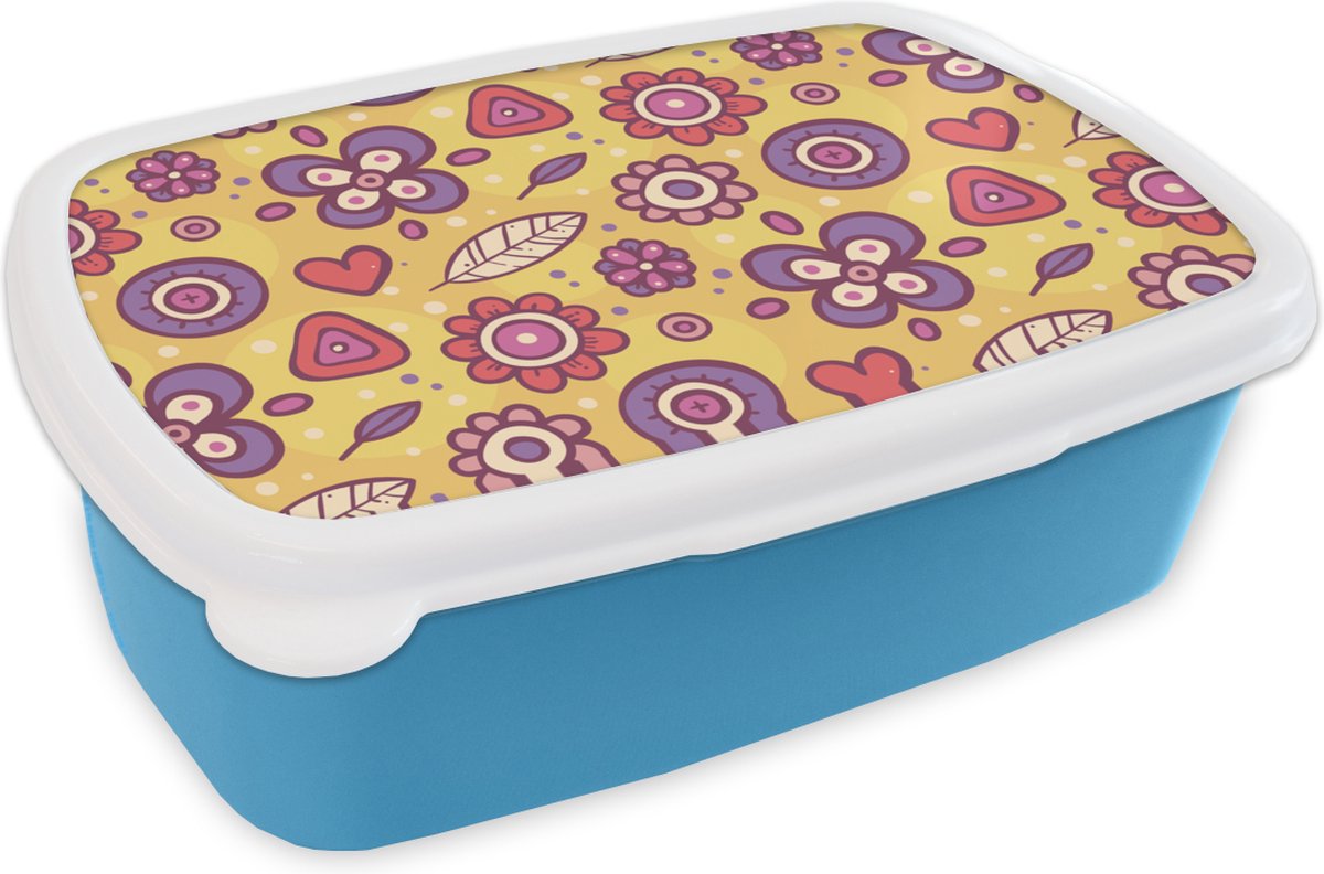 Broodtrommel Blauw - Lunchbox Patroon - Bloemen - Paars - Oranje - Brooddoos 18x12x6 cm - Brood lunch box - Broodtrommels voor kinderen en volwassenen