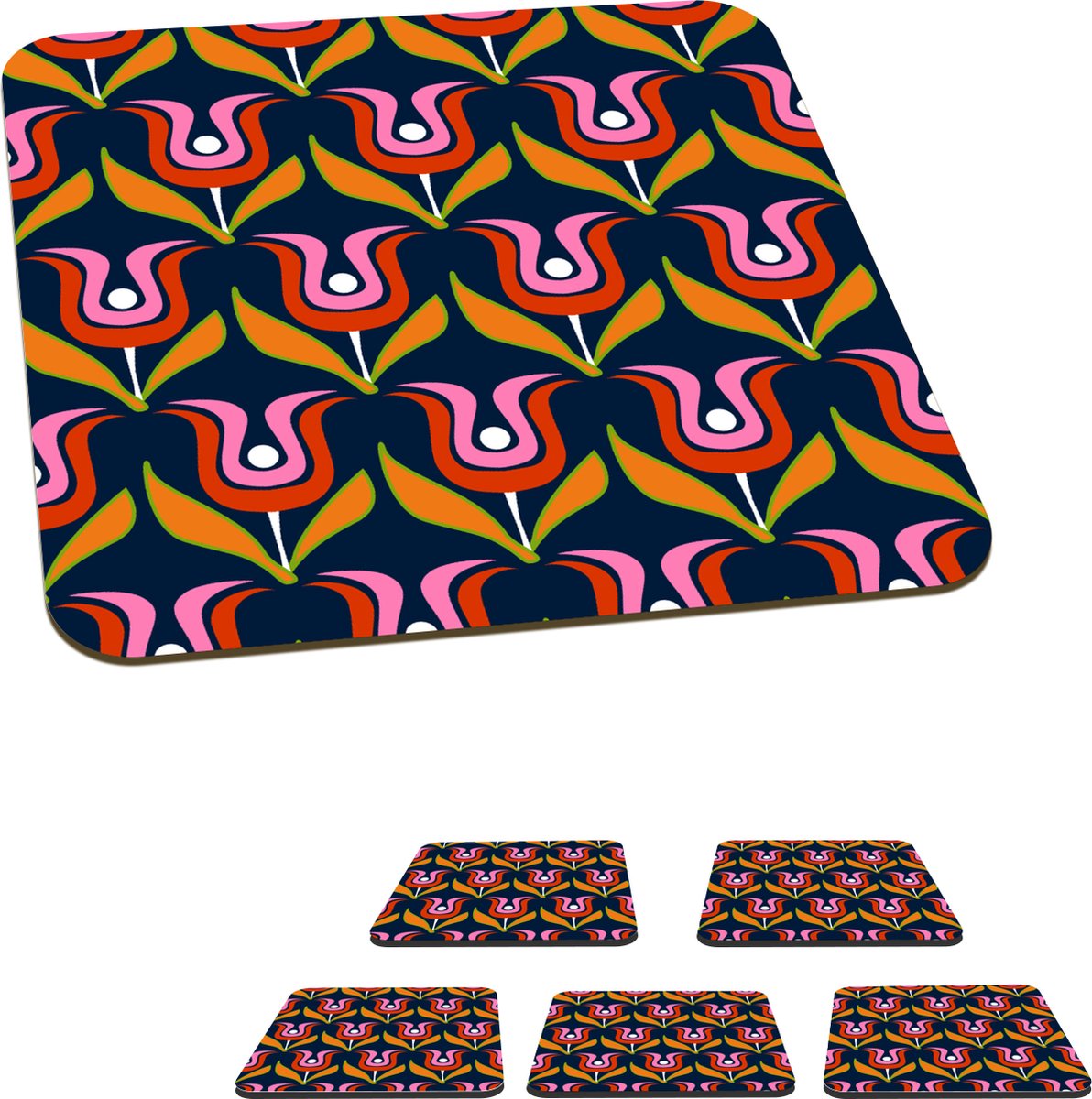 Onderzetters voor glazen - Retro - Tulp - Abstract - Design - 10x10 cm - Glasonderzetters - 6 stuks