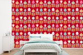 Behang - Fotobehang Patronen - Bloemen - Retro - Rood - Breedte 450 cm x hoogte 300 cm