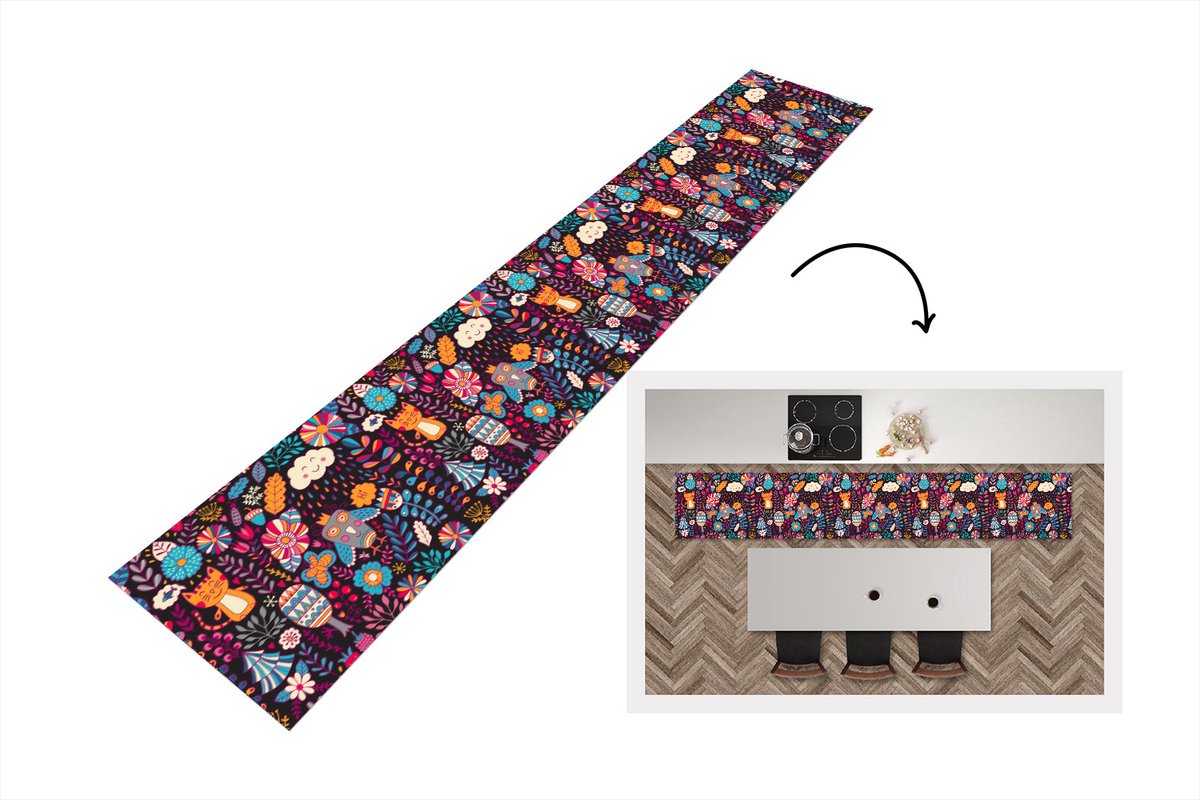 KitchenYeah Keukenloper - Keukenmat - Patroon - Uil - Kat - Bloemen - Keuken vloerkleed Multicolor