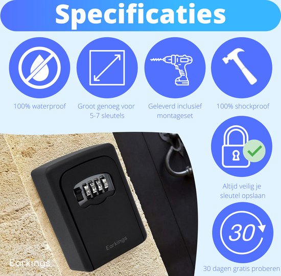 Zwarte sleutelkluis met cijferslot, met specificaties zoals 100% waterdicht, 5-7 sleutels, montageset en 30 dagen gratis proberen.