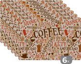 Placemat - Placemats kunststof - Koffie - Vintage - Patroon - 45x30 cm - 6 stuks - Hittebestendig - Anti-Slip - Onderlegger - Afneembaar