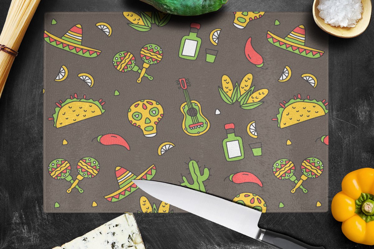 Glazen Snijplank - 39x28 - Patroon - Mexico - Sombrero - Snijplanken Glas