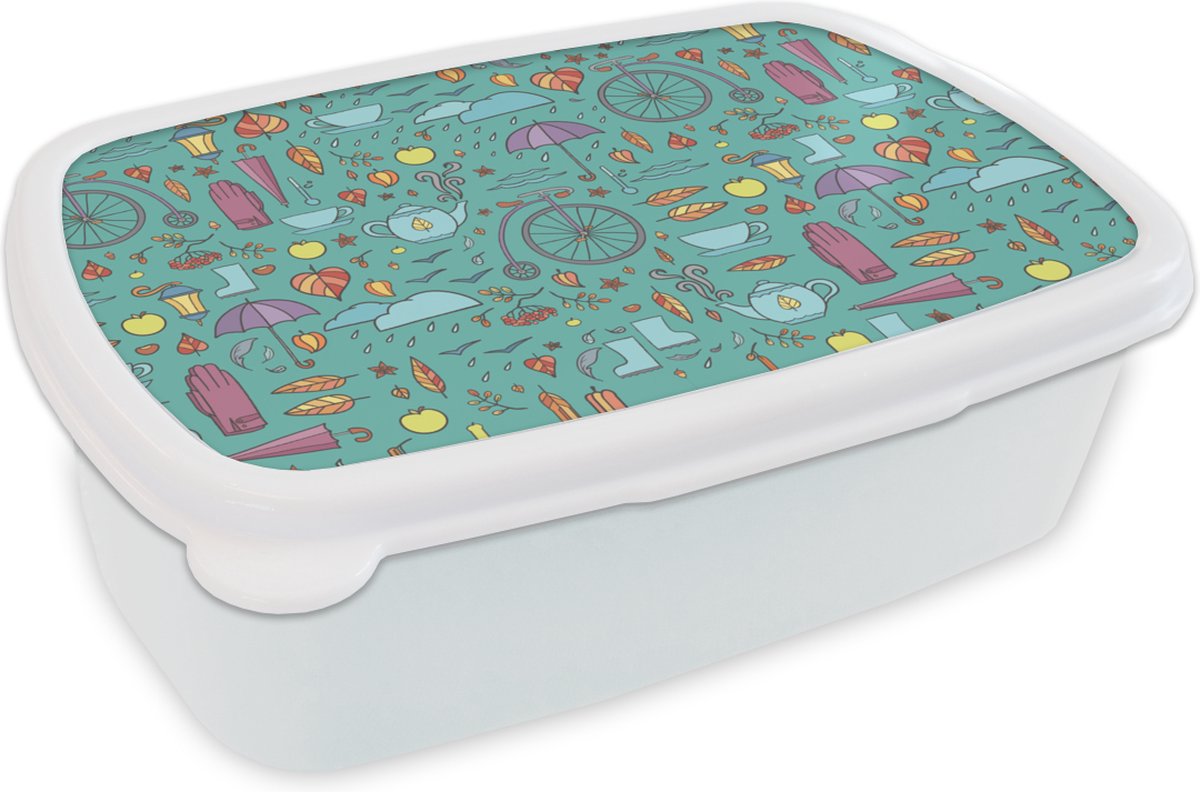Broodtrommel Wit - Lunchbox - Brooddoos - Herfst - Patroon - Fiets - Regen - 18x12x6 cm - Volwassenen
