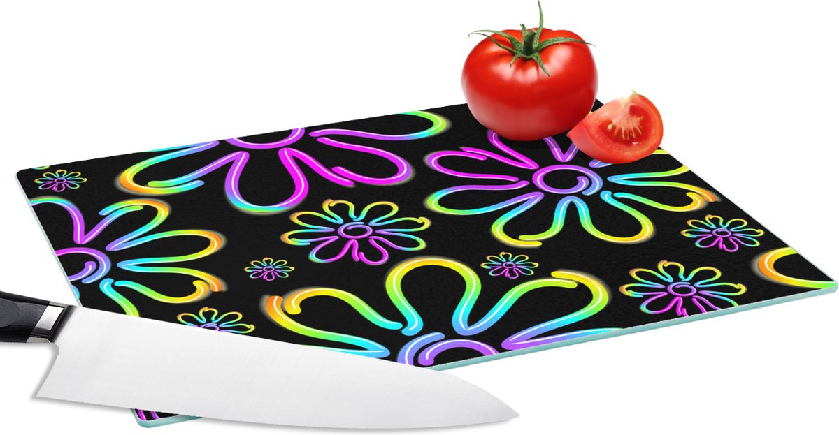 Glazen Snijplank - 28x20 - Bloemen - Neon - Patronen - Psychedelisch - Snijplanken Glas