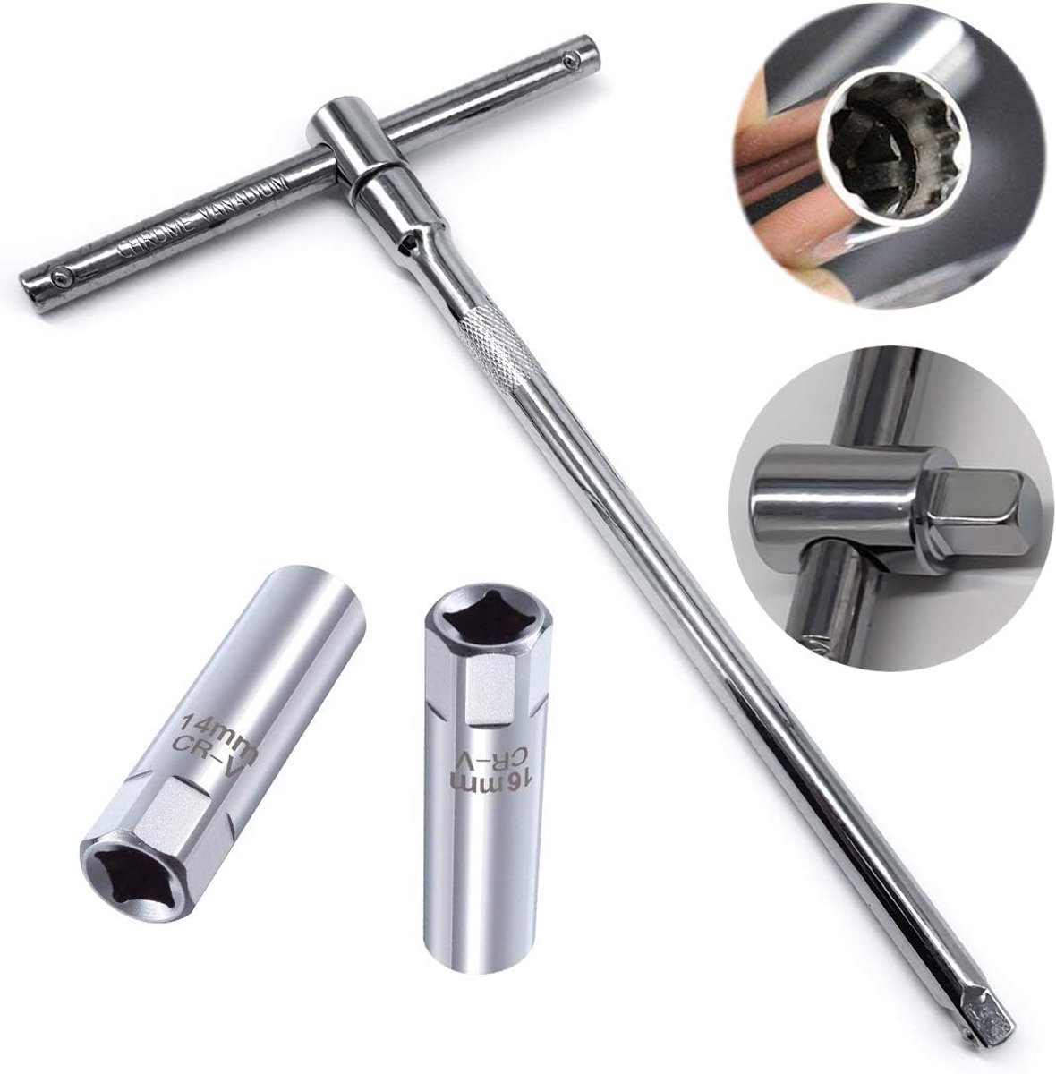 SnelShoppen - 2 Stuks 3/8" Dunwandige Bougiesleutel 12-Punt Verwijder Tool 14mm en 16mm + 3/8" Verstelbare T-Wrench Aandrijving Koppelset (25cm)