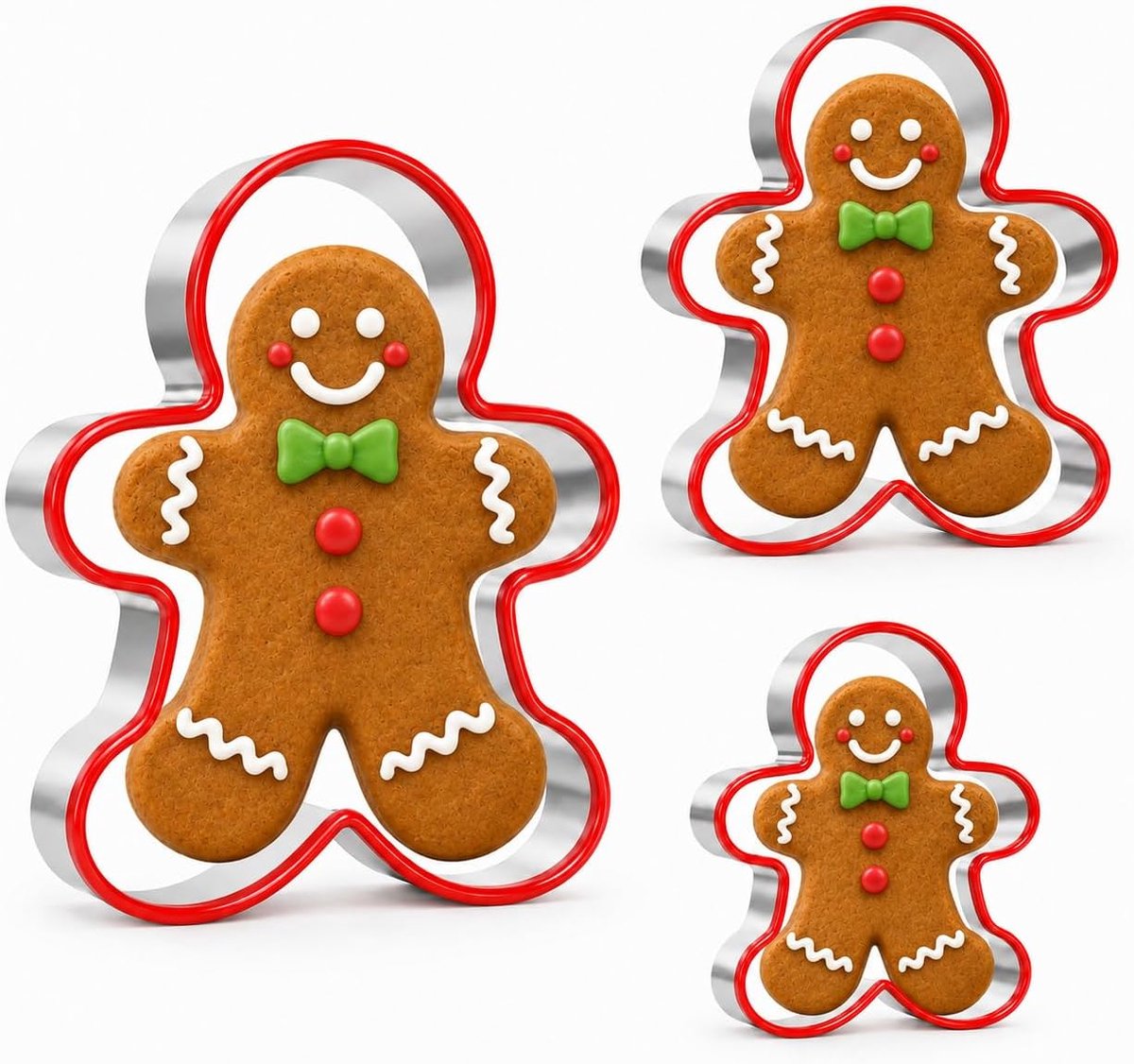 Gingerbread man koekjesuitsteeksets - 3-delig roestvrij staal - met rode PVC rand - veilig en eenvoudig in gebruik - ShopVlot