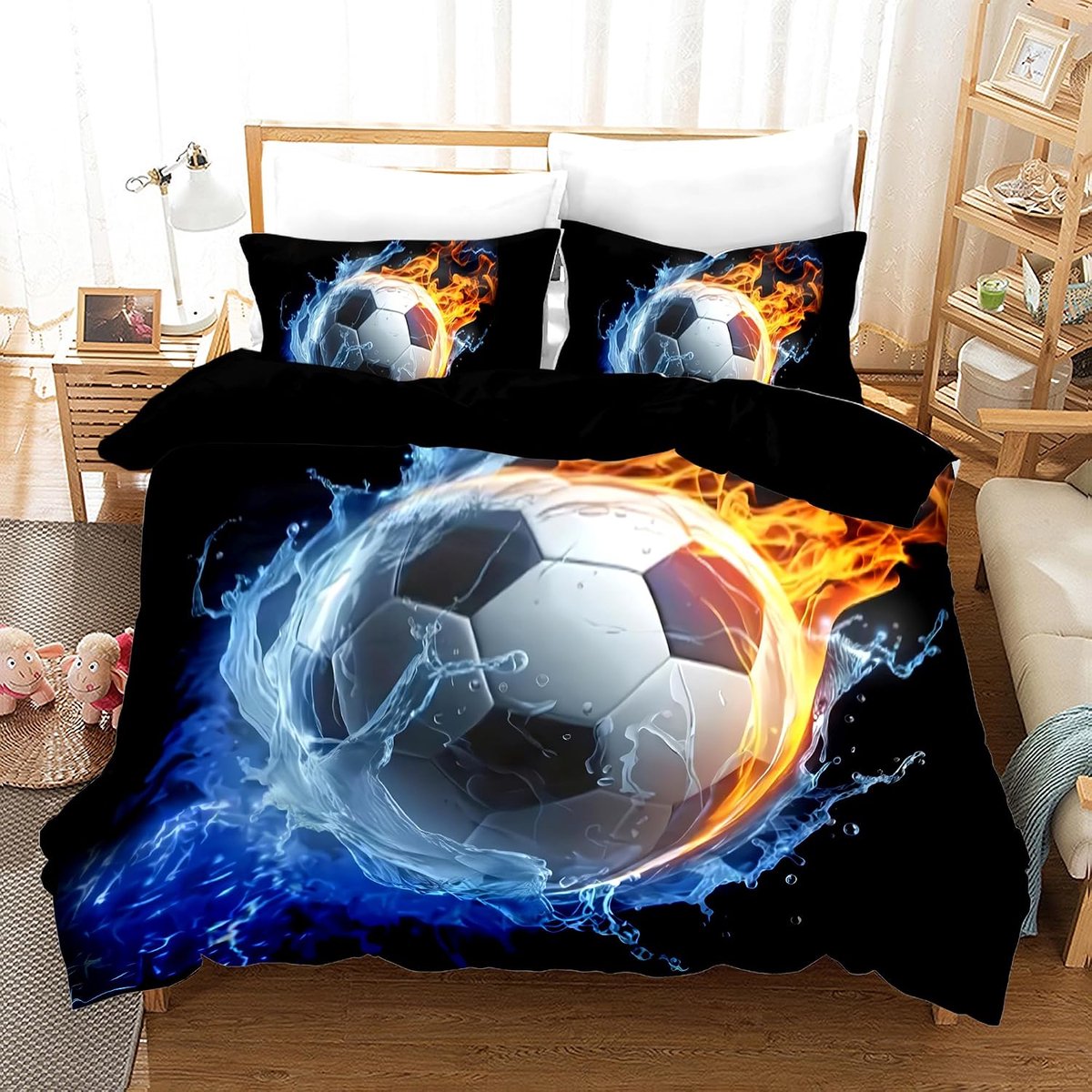 Dekbedovertrek Voetbal 135 x 200 cm - Microfibre - Met verborgen rits en 2 kussenslopen - ShopVlot